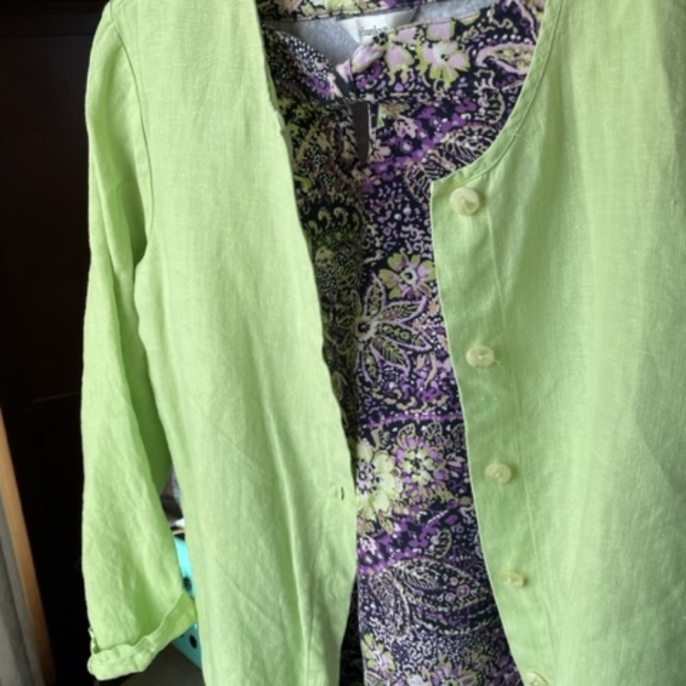 Kiwi Lime linen button-up jacket/top paired w/ green & purple top